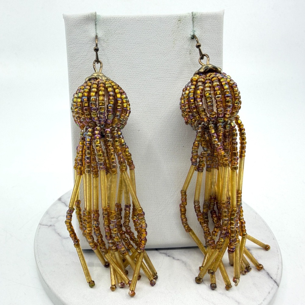 Iridescent Gold Tone Seed Bead Tassel Earrings Statement Boho Festival Jewelry